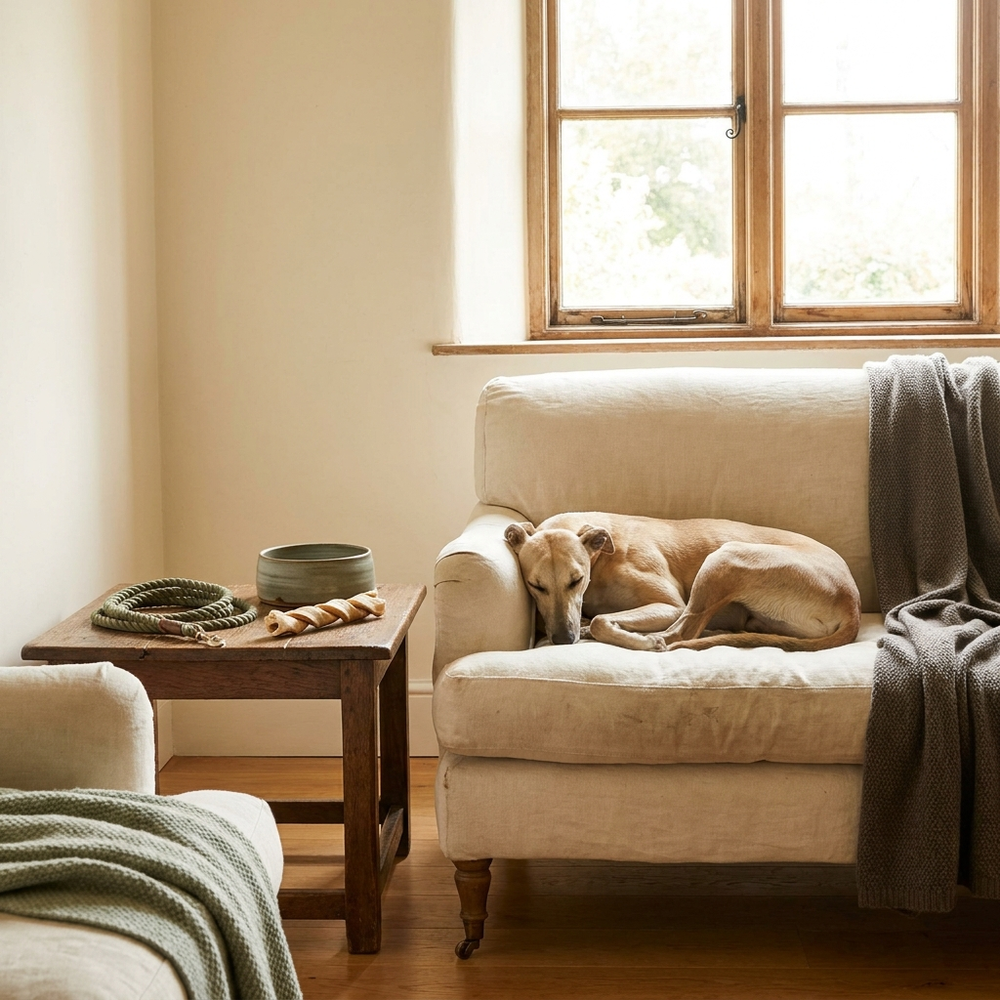 Fern & Hound — whippet resting at home with lead, chew and bowl