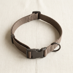 A taupe webbing dog collar with matte buckle and welded D-ring, on cream linen