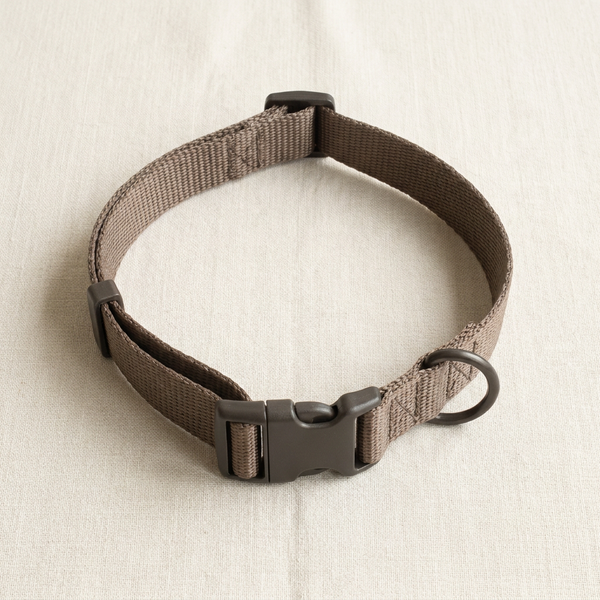 A taupe webbing dog collar with matte buckle and welded D-ring, on cream linen