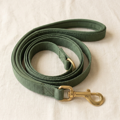 A moss-green padded-handle dog lead with brass trigger clip, on cream linen
