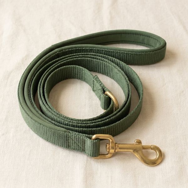 A moss-green padded-handle dog lead with brass trigger clip, on cream linen